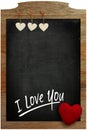 I Love You Chalkboard White hearts hanging on wooden frame with Royalty Free Stock Photo