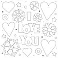 I love you. Coloring page. Vector illustration of hearts and flowers.