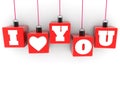 I love you concept on hanging red toy blocks on white Royalty Free Stock Photo