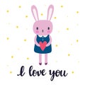 I love you. Cute little bunny. Romantic card, greeting card or postcard. Illustration with beautiful rabbit with heart