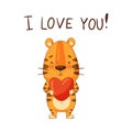 I love you. Cute little tiger holding red heart. Adorable baby animal character cartoon vector illustration Royalty Free Stock Photo