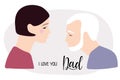 I love you dad. Elderly man with gray hair and wrinkles, his daughter. Fathers day illuctration. Caucasian Portraits in