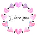 I love you. Frame of pink watercolor hearts. Background template for Valentine`s Day, greeting cards, declarations of love, web Royalty Free Stock Photo
