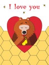 I love you greeting card of cute bear eating honey on honeycomb background Royalty Free Stock Photo