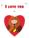 I love you greeting card of cute bear eating honey on white background Royalty Free Stock Photo