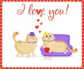 I love you greeting card with funny cartoon cats couple in love Royalty Free Stock Photo