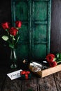 i love you greeting card, gift, red roses and champagne bottle with glasses Royalty Free Stock Photo