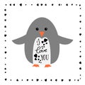 I love you - greeting card for Happy Valintines Day. Cute penguin. Calligraphy sign.