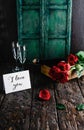 I love you greeting card, red roses and champagne bottle with glasses Royalty Free Stock Photo