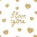 I love you-hand drawn glitter quote with sparkles. Gold glittering lettering card with hearts. Valentines day luxury design. Royalty Free Stock Photo