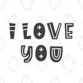 I love you. Hand written lettering on penguins pattern background Royalty Free Stock Photo