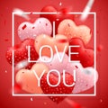 I Love You, Happy Valentines Day, red, pink and orange balloon in form of heart with ribbon and confetti. Vector illustration Royalty Free Stock Photo