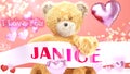 I love you Janice - cute and sweet teddy bear on a wedding, Valentine`s or just to say I love you pink celebration card, joyful,