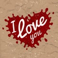I love you lettering in splash vector design. Retro heart shape symbol logo concept. Bright red ink on brown crumpled
