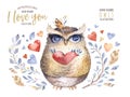 I love you. Lovely watercolor illustration with sweet owls, hearts and flowers in awesome colors. Stunning romantic