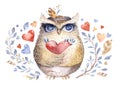 I love you. Lovely watercolor illustration with sweet owls, hearts and flowers in awesome colors. Stunning romantic