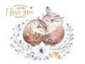 I love you. Lovely watercolor illustration with sweet owls, hearts and flowers in awesome colors. Stunning romantic