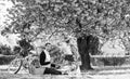 I love you. man and woman. romantic couple on picnic. love date in spring. relax under blooming sakura. couple in love Royalty Free Stock Photo