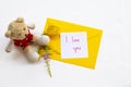 I love you message card handwriting with yellow envelope, yellow flower ylang ylang and teddy bear