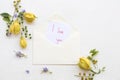 I love you message card handwriting with ylang flower Royalty Free Stock Photo