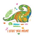 I love you mom. Baby and mom brontosaurus together illustration.