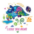 I love you mom. Baby and mom Triceratops together illustration.