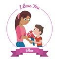 I love you mom card - woman and son gifting flowers Royalty Free Stock Photo