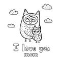 I love you mom coloring page with cute owls mommy and baby Royalty Free Stock Photo