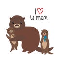 I Love You Mom. Funny brown kids otters with fish on white background. Excellent gift card for Mothers Day. Thanks mom. Kawaii