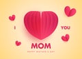 I love you mom, Happy mother`s day with paper cut hearts illustration poster vector banner, Mothers day greeting card wishes desi