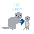 I Love You Mom. Kawaii grey otters with fish on white background. Excellent gift card for Mothers Day. Thanks mom. Applicable for