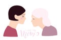 I love you mom. Mothers day vector illustration. Elderly woman with gray hair and wrinkles and her adult daughter