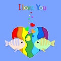 I love you paper cut fish couple on rainbow heart