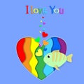 I love you paper cut fish on rainbow heart card