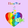 I love you paper cut fish on rainbow heart card