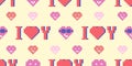 I love you and pixel hearts seamless pattern on yellow, vector