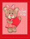 I Love You Poster with Bear Female Holds Red Heart Royalty Free Stock Photo