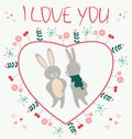 I love you. Romantic card with couple rabbits lovers illustration. Royalty Free Stock Photo