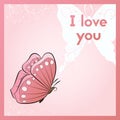 I love you. A romantic ecard. Postcard with butterfly and plant. Pink greeting card. Royalty Free Stock Photo