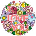 I love you. Round Abstract background made of flowers, cups, butterflies, and birds Royalty Free Stock Photo