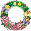 I love you. Round vignette. Abstract background made of flowers, cups, butterflies, and birds Royalty Free Stock Photo