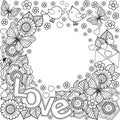 I love you. Rounder frame made of flowers, butterflies, birds kissing and the word love. Royalty Free Stock Photo