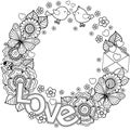 I love you. Rounder frame made of flowers, butterflies, birds kissing and the word love. Royalty Free Stock Photo