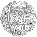I love you. Rounder frame made of flowers, butterflies, birds kissing and the word love.