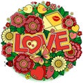 I love you. Rounder frame made of flowers, butterflies, birds kissing and the word love. Royalty Free Stock Photo