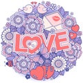 I love you. Rounder frame made of flowers, butterflies, birds kissing and the word love. Royalty Free Stock Photo