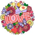 I love you. Rounder frame made of flowers, butterflies, birds kissing and the word love. Royalty Free Stock Photo