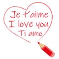 I love you in several languages. Red heart hand drawn with colored pencil. Vector illustration. Royalty Free Stock Photo