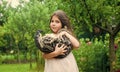 I love you. small girl hold cute cat in hands. kid love her pet. human and animals. love and care. fluffy cat in hand of Royalty Free Stock Photo
