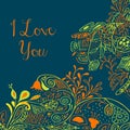 I Love you text on teal background with floral nature ornament with roses, flowers, bluebell, campanula, bellflower